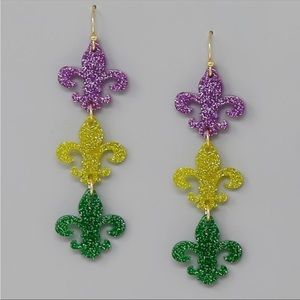 Mardi Gras Fleur De Lis Earrings Purple green gold Acrylic & Glitter